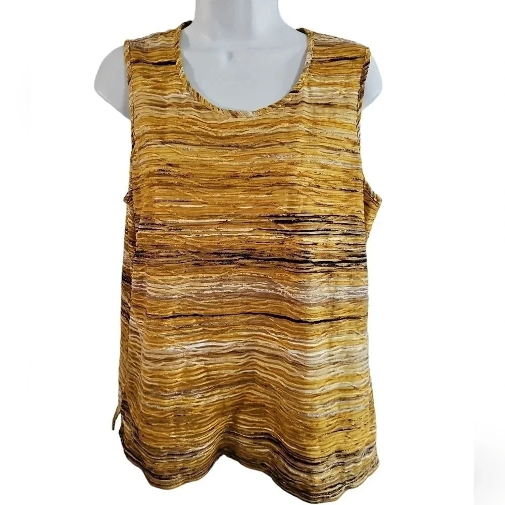 Kasper Women Large Yellow Gold Striped Beaded Tank Top Blouse Boho Investment - Picture 2 of 8